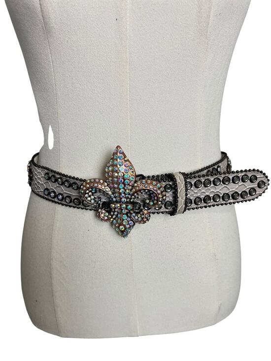 Nocona Accessories - Nocona Leather Belt Womens Large White Western Fleur De Lis Rhinestone Studded